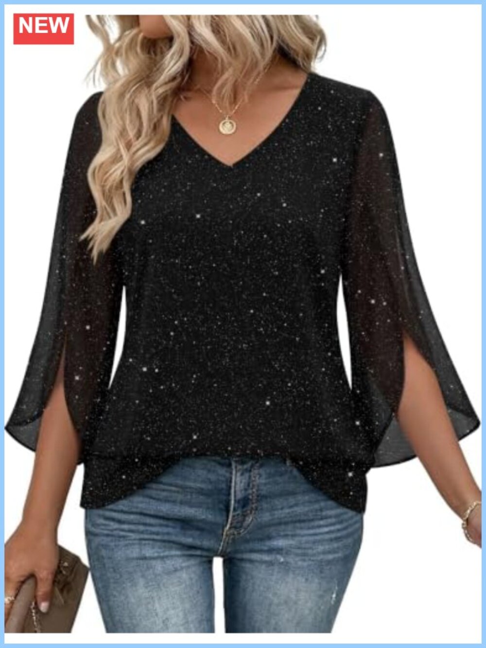 Zeagoo Women Ruffle 3/4 Sleeve Sequin Tunic Blouse V Neck Loose Fit